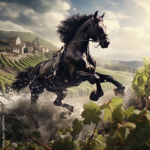 The black horse galloping through the vineyard. Animal in action. Nature background. Organic composition. The powerful image of a beautiful animal. 