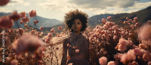 editorial shot an african american woman with natural hair in a glamourous ballgown standing in a field of pink blooming flowers © Noelia