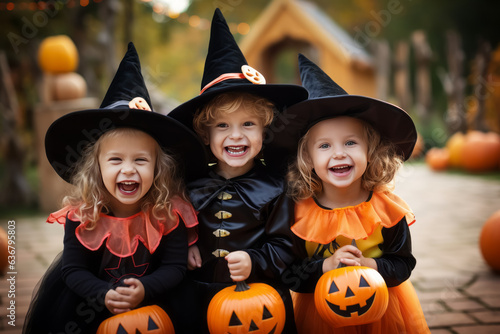 Kids trick or treat in Halloween costume. Happy Halloween
