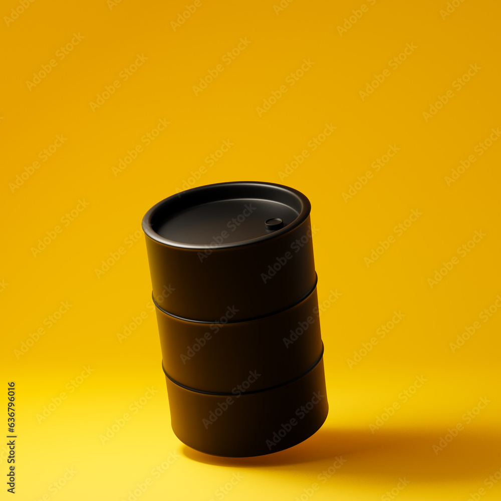 Black metal oil barrel isolated over yellow background. Industrial Concept. 3D rendering. Black metal oil barrel isolated over yellow background. Industrial Concept. 3D rendering.