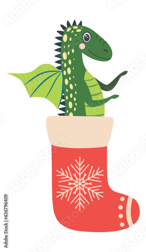Year of the Dragon 2024  Chinese calendar. Cute green christmas dragon in santa hat