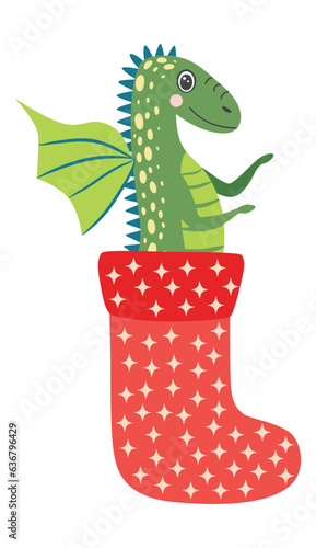 Year of the Dragon 2024, Chinese calendar. Cute green christmas dragon in santa hat