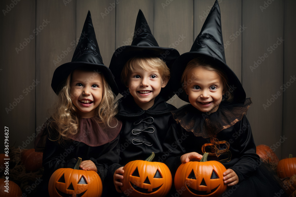 Cute little kids dressed in costumes witches for Halloween against wall with jack o lanterns Cute little kids dressed in costumes witches for Halloween against wall with jack o lanterns