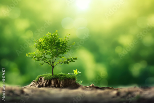 Against a background of beautiful fresh greenery, natural, small, cute trees growing strongly toward the future, shining dimly in the morning sun, is a concept suitable for the environment and energy.