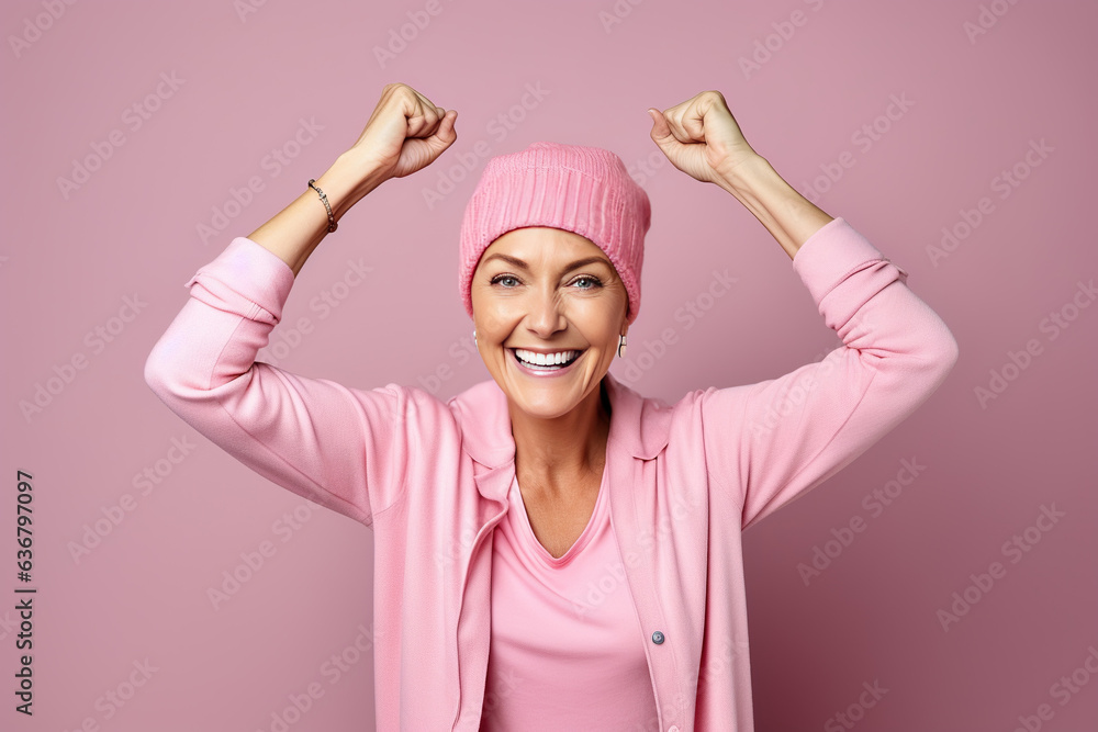 Woman 40 years old fighting cancer, dressed in a pink cap, gesturing strength and victory. Woman 40 years old fighting cancer, dressed in a pink cap, gesturing strength and victory.