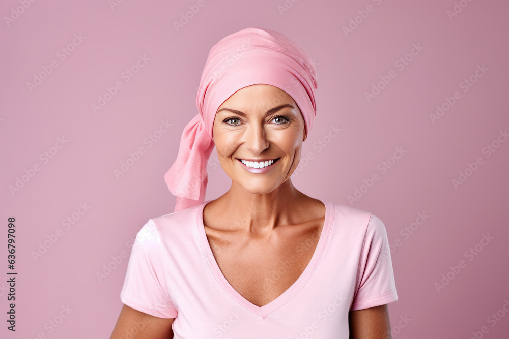 Middle-aged woman wearing a pink turban after cancer treatment, on a pink background. - obrazy, fototapety, plakaty 