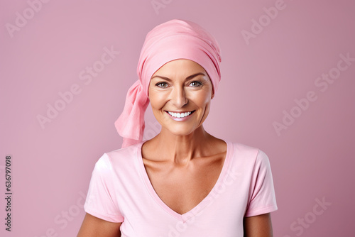 Photo Middle-aged woman wearing a pink turban after cancer treatment, on a pink background
