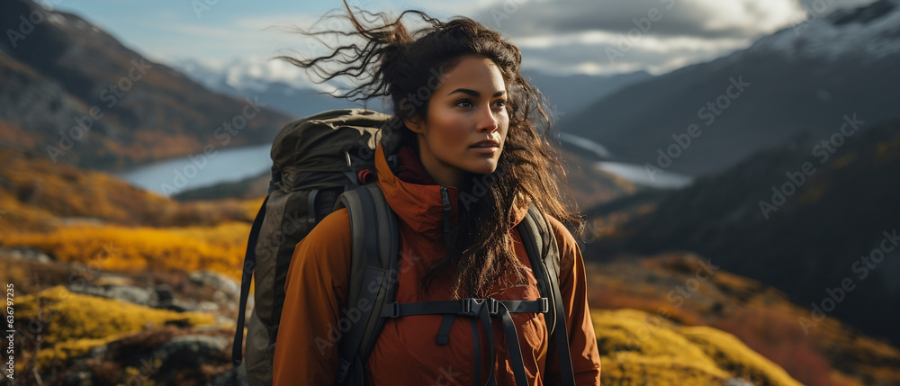 editorial heroine shot of a woman of color hiking in an alpine mountain landscape 