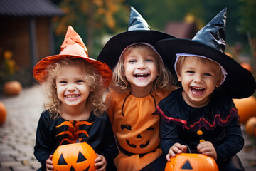 Kids trick or treat in Halloween costume. Happy Halloween