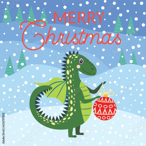 Christmas card with cute green dragon. Year of the Dragon 2024  China