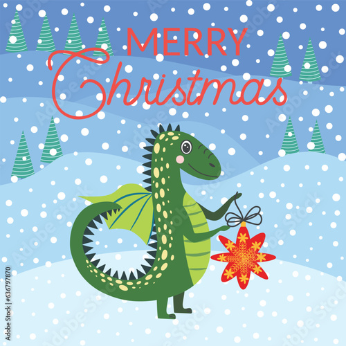 Christmas card with cute green dragon. Year of the Dragon 2024  China