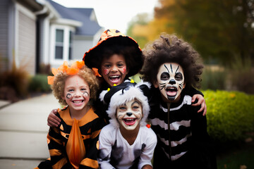 Kids trick or treat in Halloween costume. Happy Halloween