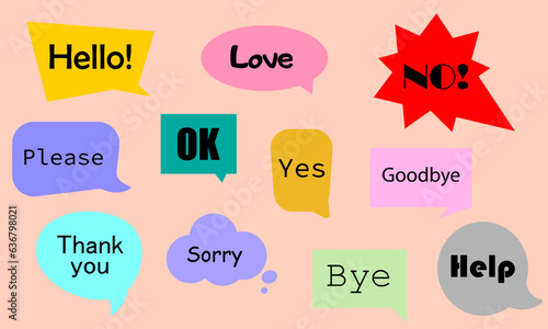 Speech Bubbles Hello, Okay, Bye, Love, Thank you, Goodbye, Yes, No, Please, Sorry, Help Set in Vector.