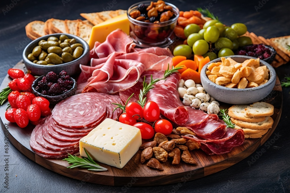 Antipasto platter with prosciutto crudo or jamon, ham, salami, cheese, olives and grapes/ Elegant charcuterie board with a variety of cured meat. Antipasto platter with prosciutto crudo or jamon, ham, salami, cheese, olives and grapes/ Elegant charcuterie board with a variety of cured meat.