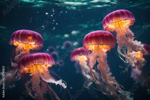  Colorful jellyfish underwater. Marine life and oceanic beauty. Vibrant aquatic creatures.