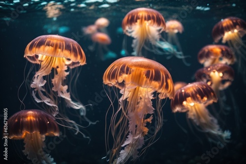  Colorful jellyfish underwater. Marine life and oceanic beauty. Vibrant aquatic creatures. © Kinga