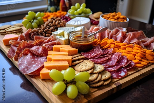 Antipasto platter with prosciutto crudo or jamon, ham, salami, cheese, olives and grapes/ Elegant charcuterie board with a variety of cured meat.