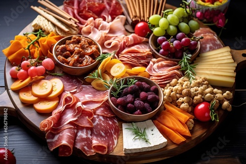 Antipasto platter with prosciutto crudo or jamon, ham, salami, cheese, olives and grapes/ Elegant charcuterie board with a variety of cured meat.