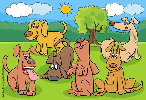 cartoon dogs and puppies characters group in the meadow