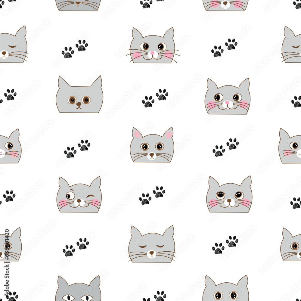 Cute cartoon hand drawn cats. Seamless fabric design pattern white background