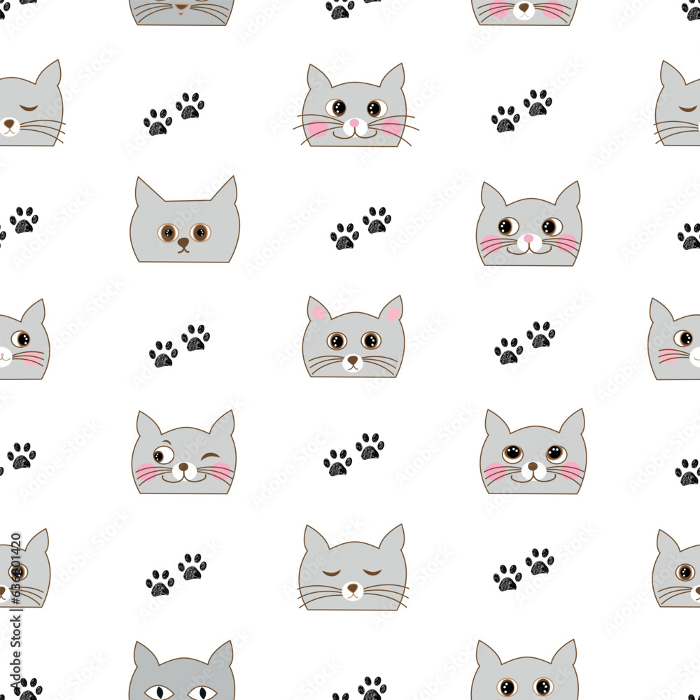 Cute cartoon hand drawn cats. Seamless fabric design pattern white background Cute cartoon hand drawn cats. Seamless fabric design pattern white background