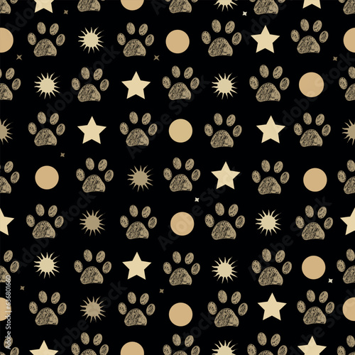 Sun, stars and paw prints. Seamless fabric design pattern