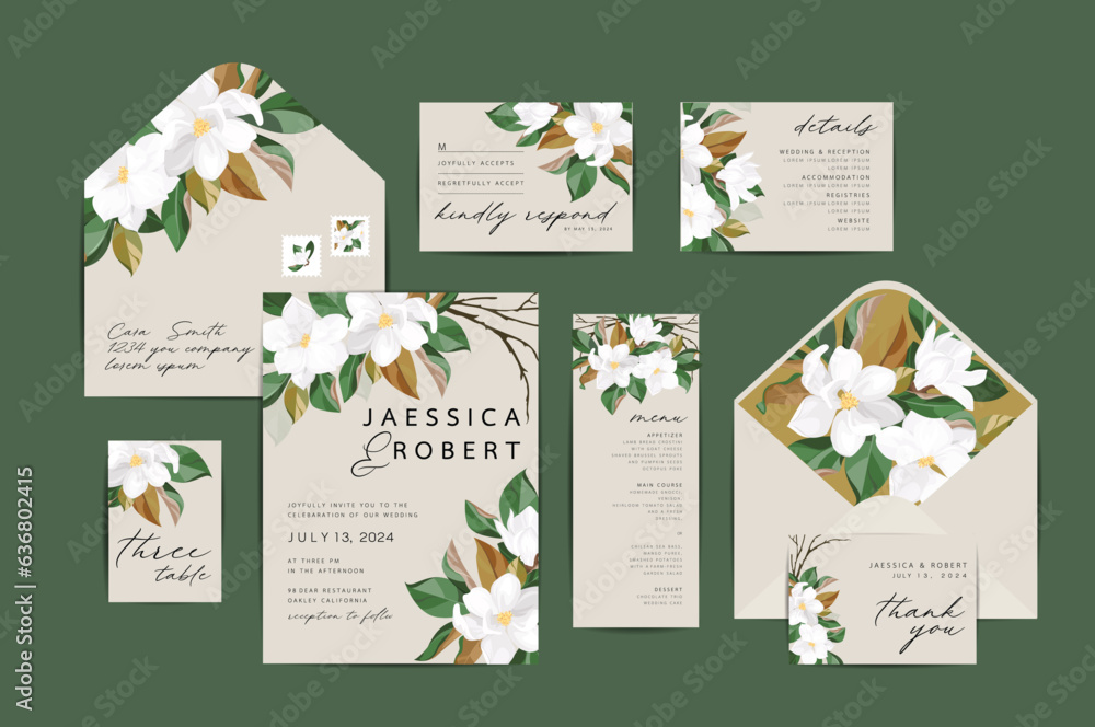 wedding invitation card suite with magnolia flower Templates.