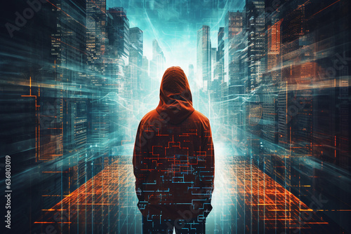 Double exposure image of an anonymous hacker in a hoodie in the night in the city of data. High quality photo photo