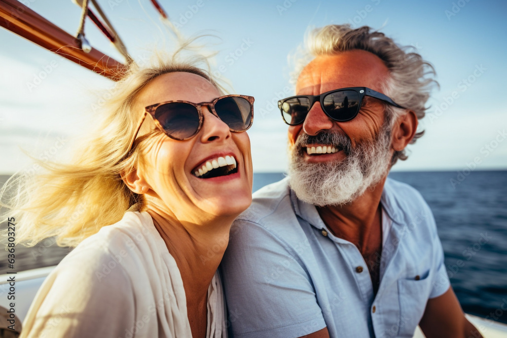 Affectionate senior couple on a boat trip at sunset. Insurance and retirement pension plan concept. High quality photo