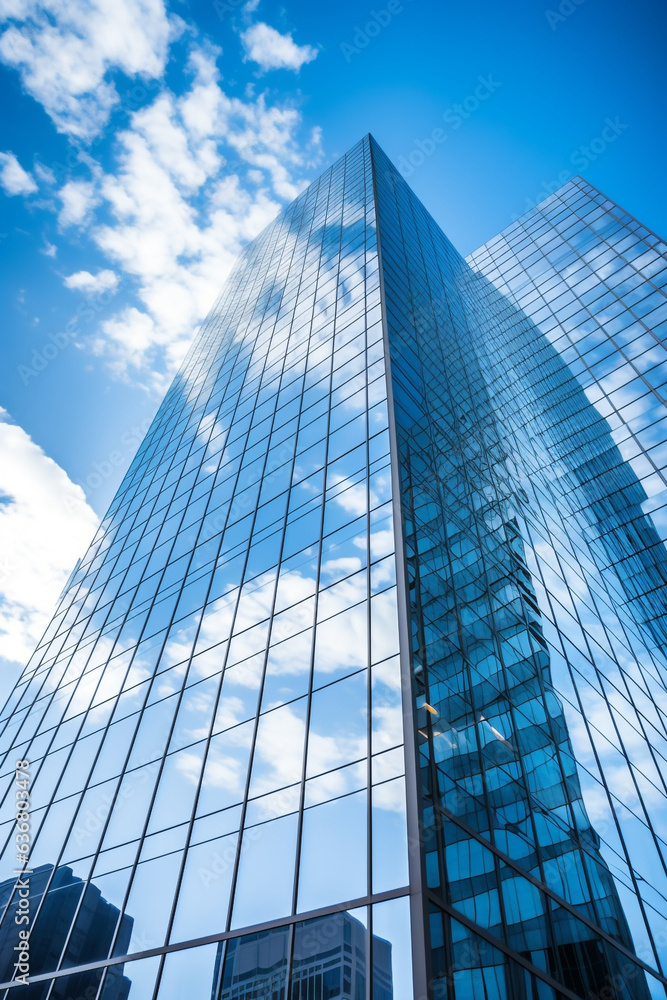Naklejka premium Reflective skyscrapers, business office buildings. Low angle photography of glass curtain wall details of high-rise buildings.The window glass reflects the blue sky and white clouds. High quality