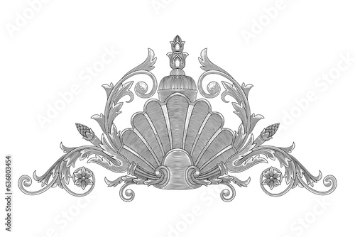 Shell with floral ornament, vintage engraving drawing style vector illustration