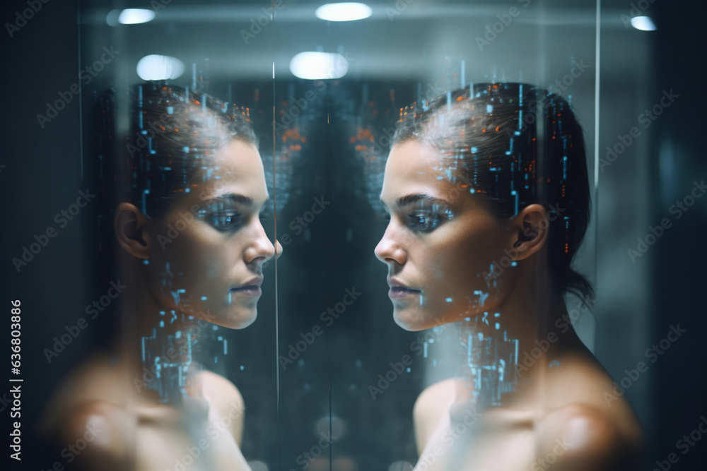 Woman and her mirror reflection, face recognition concept - obrazy, fototapety, plakaty 