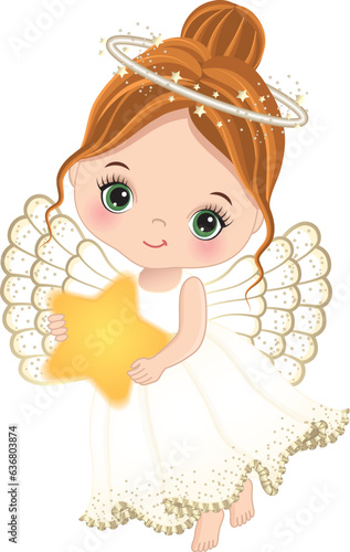 Vector Cute Girl Angel Holding Star