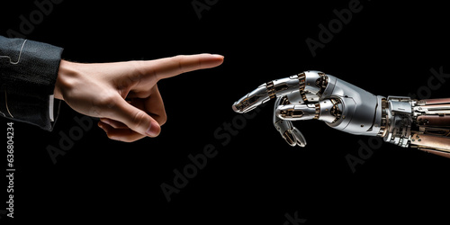 Generative AI, robot or cyborg hand in a pointing gesture on a black background, artificial intelligence, high technology, robotics, metaverse, scientific progress, contact, artificial limb, human arm