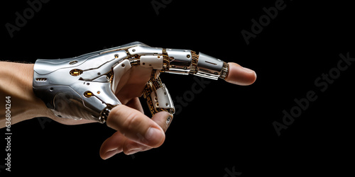 Generative AI, robot or cyborg hand in a pointing gesture on a black background, artificial intelligence, high technology, robotics, metaverse, scientific progress, science, artificial limb