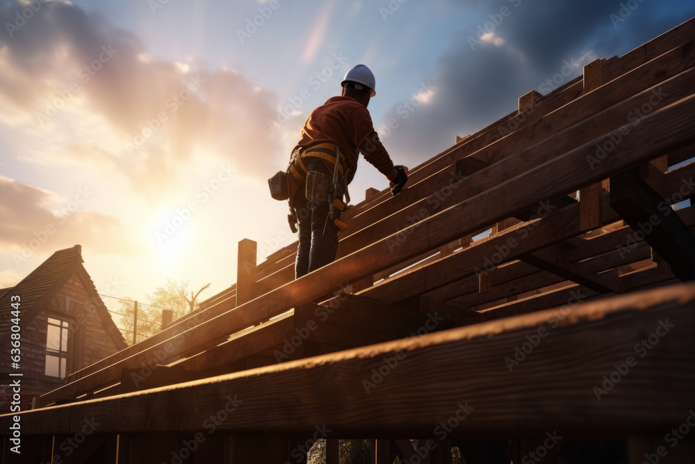 A man or construction worker wearing a hard hat on the roof of a house. Roof construction or renovation. generative ai
A man or construction worker wearing a hard hat on the roof of a house. Roof construction or renovation. generative ai