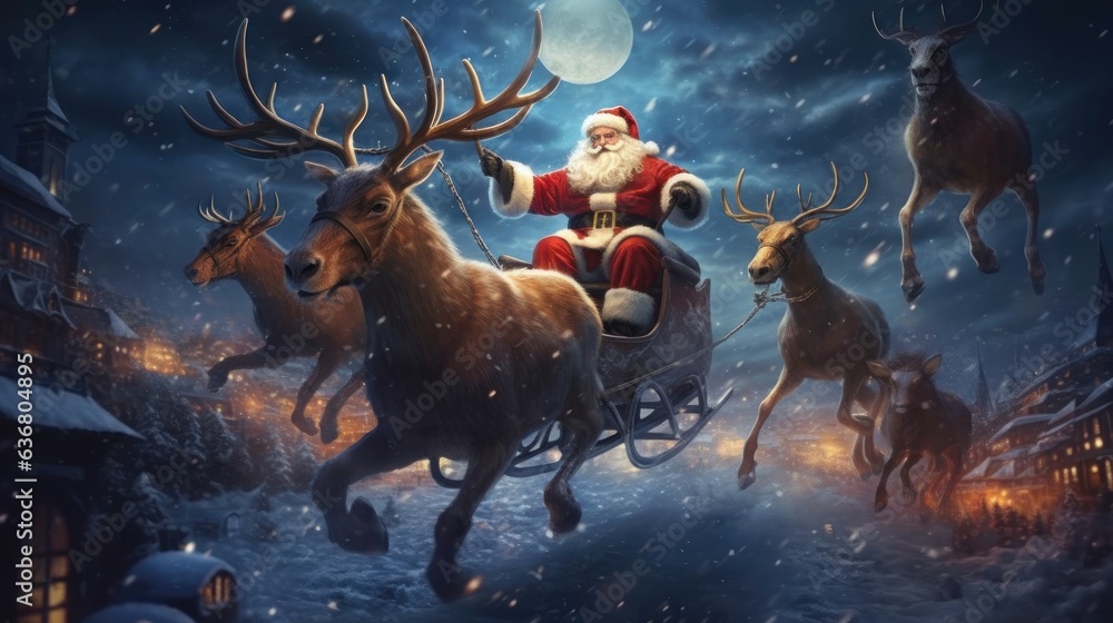 Santa Claus riding a sleigh with reindeer on snowfall background.  Christmas Greeting Card. Christmas Concept.  Santa Claus. - obrazy, fototapety, plakaty 