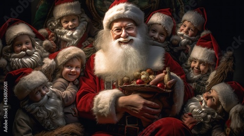 Santa Claus with happy children on dark background. Christmas and New Year.
