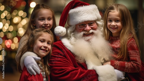 Portrait of a smiling Santa Claus sitting with children and looking at the camera.