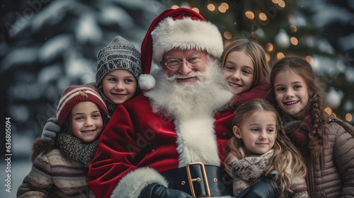 Portrait of a happy Santa Claus with a group of cute children. Christmas Greeting Card. Santa Claus with Reindeer Sleigh. Christmas Concept. Santa Claus.