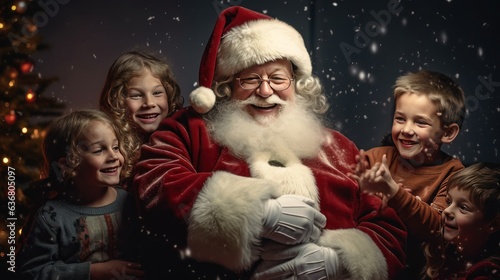 Portrait of Santa Claus and children near christmas tree at home