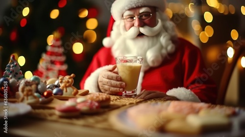 santa claus holding cup of cacao drink and christmas cookies