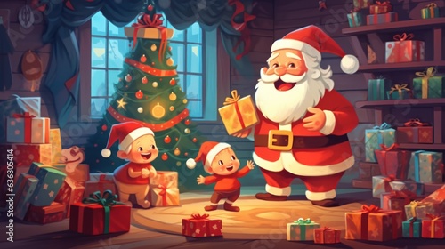 Cartoon illustration of Santa Claus giving a gift to a children. christmas greeting card. Christmas concept. christmas postcard.