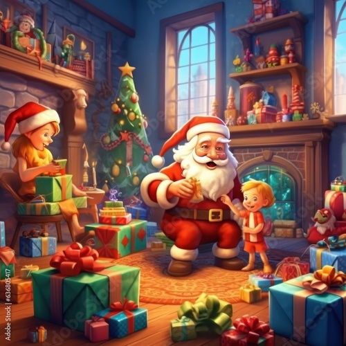Cartoon illustration of Santa Claus giving a gift to a children. christmas greeting card. Christmas concept. christmas postcard.
