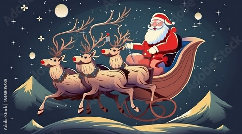 Christmas Greeting Card. Santa Claus with Reindeer Sleigh. Christmas Concept. Santa Claus.