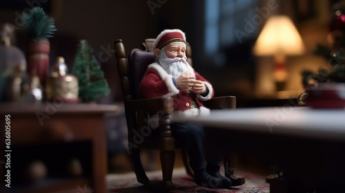 Toy Santa Claus sitting in a chair in a room decorated for Christmas.