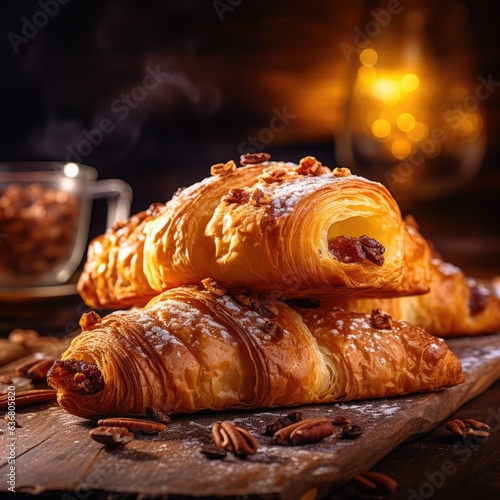 A pile of croissants sitting on top of a wooden table. Generative AI.