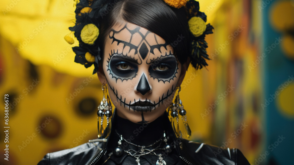Mexican woman with day of the dead makeup, flowers and skull, mexico holiday, copyspace
