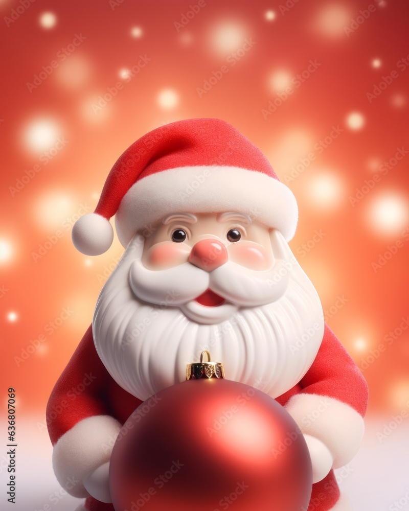Santa Claus figurine with red Christmas decoration ball. Concept of Christmas spirit and New Year's celebration, gifts and presents Santa Claus figurine with red Christmas decoration ball. Concept of Christmas spirit and New Year's celebration, gifts and presents