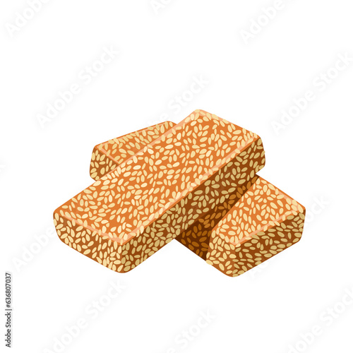 Vector illustration, Gajjak, also called Tilsakri, Tilpatti, or Tilpapdi, indian sweet made from sesame seeds or peanuts and jaggery, isolated on white background. photo